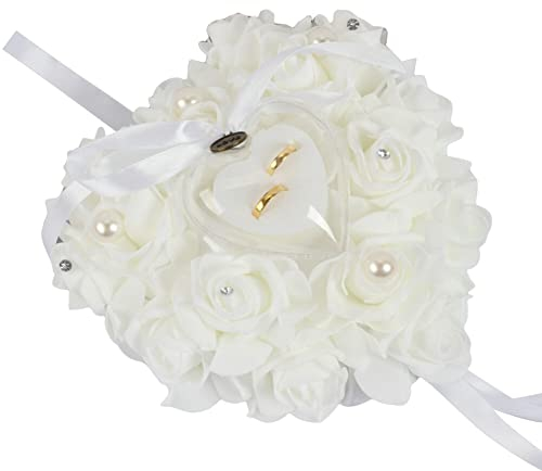 Uposao Cuscino per fedi nuziali in stile occidentale, cuscino per fedi nuziali a forma di cuore decorato con rose e nastro Portagioielli in stile romantico per anelli o bomboniere