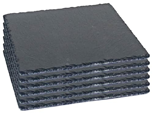 Tradineur - Pack de 6 Platos de Pizarra Cuadrado, Bandeja para hosteleria, Servicio y degustación, Canto rústico, Tabla de Piedra Natural para Servir Aperitivos - 30 x 30 cm