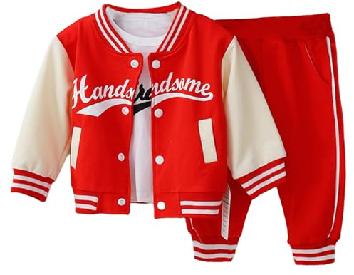 Freebily Tuta da Ginnastica per Bambino Bimbo Neonato 3 Pezzi Giacca da Baseball Maglietta e Pantaloni della Tuta con Tasche Laterali Abbigliamento Sportivo, 6 Mesi-5 Anni Rosso 2-3 anni