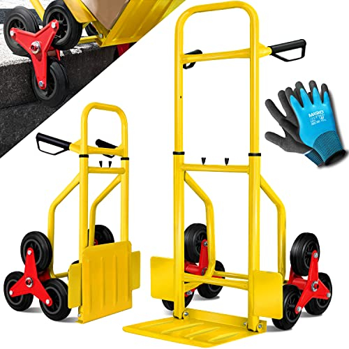 MASKO® Carretilla para escaleras, 200 kg, carretilla de transporte, carretilla apilable, plegable, ruedas de goma dura, asas de plástico, marco de acero, color amarillo