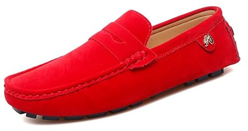Ninepointninetynine Mocassins pour homme avec bout rond en daim, mocassins Penny à talon plat et confortable, souples, à enfiler, à la mode et décontractés, Rouge, 42 2/3 EU