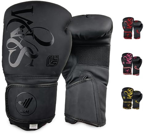 S&M Logistik Boxhandschuhe, Trainingshandschuhe, Kunstleder-Sparringshandschuhe, Sandsackhandschuhe, Muay-Thai-, Kickbox- und Kampfsporthandschuhe für Erwachsene, Männer und Frauen (Black, 16 oz)