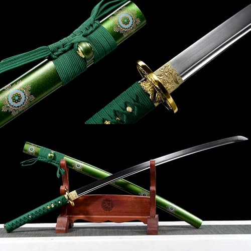 KWXPW 103cm grünes Katana-Schwert,Klinge aus Federstahl,Holzscheide mit bemaltem Muster,handgemachtes Katana,Japanischer Samurai-Schwert für Kendo-Training,Geschenke,Dekoration,Sammlung,Cosplay