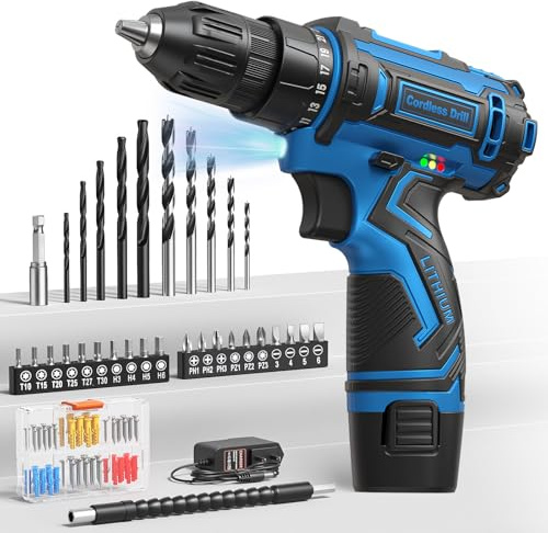 Cordless Drill Set,12V Power Drill Driver 3/8 Keyless Chuck with 92 Acessories, Built-in LED Light, 25+1 Position, Electric Drill for Home DIY Projects（Blue）