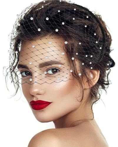 Schwarze Fascinators für Damen, schwarzer Schleier, Fascinator-Hut, Damen-Accessoires, Stirnband im Stil der 1920er Jahre, kurze Schleier für Damen mit Strasssteinen, für Trauer- und Teehochzeiten