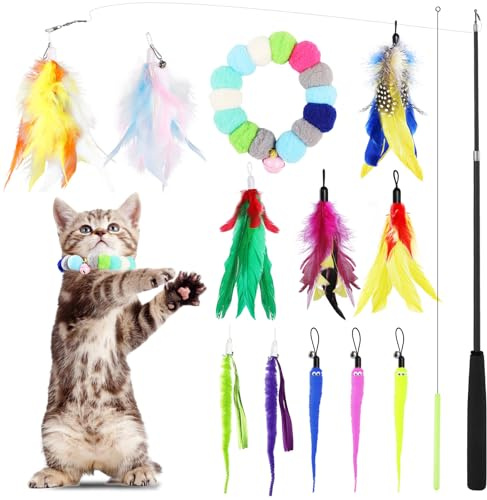 GeeRic 14pz Giocattoli Interattivi per Gatto, Gatti Giochi con Piume+Collana Campana+Bacchetta Interattiva Retrattile Flessibili Portabile Piuma Ricariche, Giocattoli Interattivo per Gattino Interno