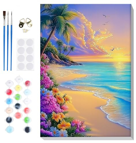 Lxmsja Måla efter siffror för vuxna, Inramad Strand Solnedgång med Palmer Måla efter nummer Kit, DIY Akrylmålning Hem Väggdekor, 20x30cm