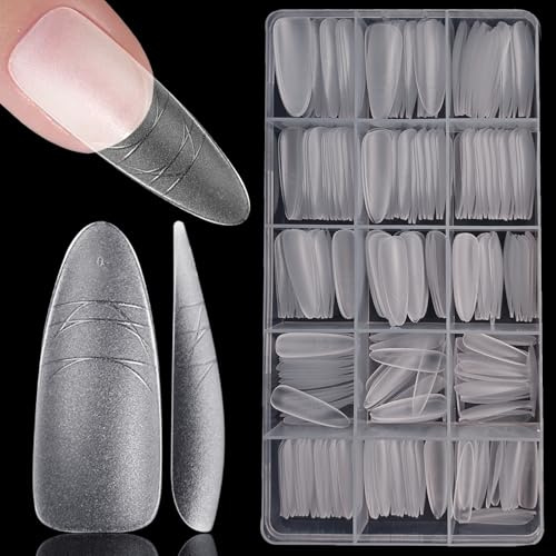 XIAOHEBAN 300 Pièces Capsule Americaine Ongle Amande - 15 tailles Capsules Ongles en Gel X Pose Americaine Ongle, Artificiel Faux Ongles avec Lignes pour les Studios de Manucure & Home Nail Art