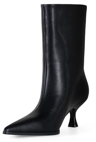 LACIKOSZ Womens Kitten Heel Boots, Pointed Toe Stiletto Faux Leather Mid Calf Ankle Booties for Women, Elegant Dress Boots for Fall & Winter Outfits