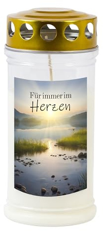 Bougie funéraire - Motif « Für immer im Herz » - Durée de combustion : 70 à 90 heures - Longue durée de vie - 100 % huile végétale - Blanche avec couvercle doré TLB