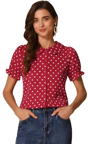 Allegra K Chemise à Manches Courtes Bouffante à col de poupée Vintage à Pois pour Femmes