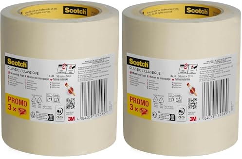 Scotch Ruban de Masquage Classique, Pack Promo de 3 Rouleaux, 36 mm x 50 m, Beige - Pour Peinture et Décoration Intérieure, 70% PEFC (Lot de 2)