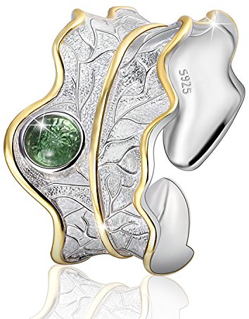 Springlight ✦ Ringe Frauen S925 Sterling Silber Breit Damen Blätter Grüner Stein/Bernstein Groß Naturstein Handmade Schmuck Personalisierte Geschenke.（Green）