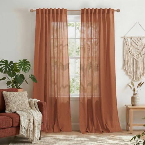 Bondgårdsgardiner för vardagsrum, terrakotta boho höst vintage jordnära halvtransparent lin linne gardin fönstergardiner för sovrum 213 cm längd set 2 paneler, rustik modern bohemisk rost dekorativ