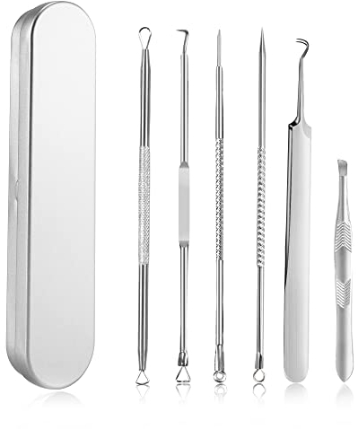 Mitesserentferner Komedonenquetscher Set, 6 Stück Pickel Popper Werkzeug-Set für Gesicht - Edelstahl Akne Mitesser Pinzette Kit Blackhead Remover mit Metallbox für alle Hauttypen Nase Gesichtspflege