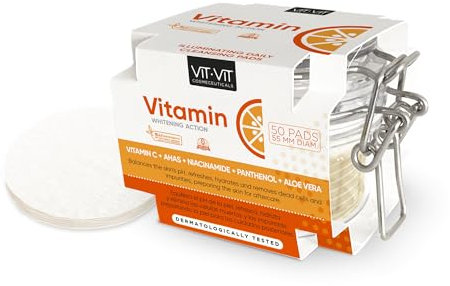 Discos Limpiadores y Tonificadores de Exfoliación Facial Suave Vitamina C. 50 Discos de Algodón de Limpieza Facial con Efecto Antimanchas e iluminación facial Vit Vit Cosmeceuticals Vit Vit Cosmetics