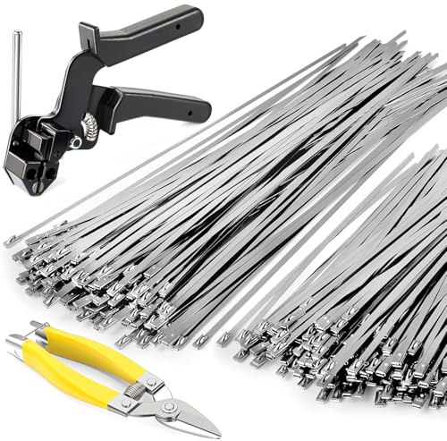 Stainless Steel Cable Tie Gun Kit with 200 Metal Zip Ties (2 Sizes) and Tensioning & Cutting Tool, for Garden & Farm Fencing, Chicken Coop and Yard Privacy Fence Reinforcement or Repair