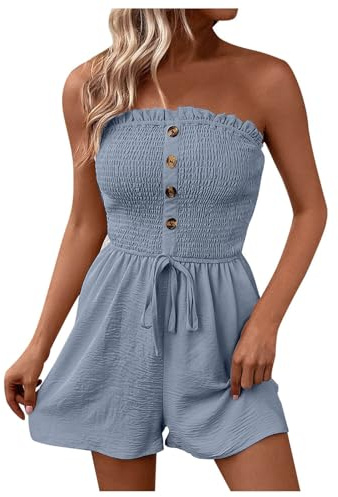 Summer Overalls Jumpsuits Women UK Dungarees Shorts Elegant Bandeau Romper Sleeveless Work Clothing Solid Ladies Strapless Trouser Suit Adjustable Waist Sexy Backless Going Out Overalls Shorts