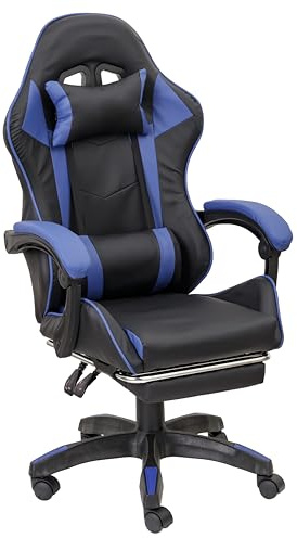 Baroni Home Silla Gaming con Respaldo ergonómico reclinable y Altura Ajustable, Silla de Oficina con Soporte Lumbar, reposacabezas Acolchado y reposapiés extraíble, Azul, 58x66x114-124 cm