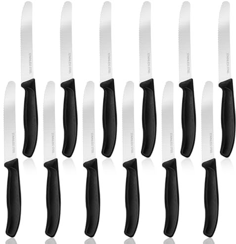 Sprifityy 12 pezzi Coltelli da Bistecca, Coltelli Bistecca con Bordo Seghettato, Coltelli da Carne Taglio Efficace Ergonomico, Coltelli da Tavola per La Casa e Il Ristorante, Lavabile In Lav（Nero）