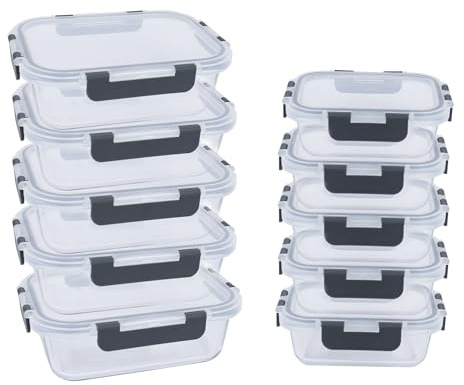 Alivio Pack of 10 Food Storage Containers, Meal Prep Containers with Leakproof Lid, Airtight Lunch Box, Microwave, Oven, Freezer & Dishwasher Glass Storage Box (Transparent, Set of 10pc)