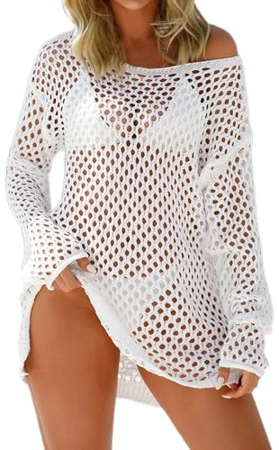 YOSUWOAI Crop Top Femme Transparent Filet de Pêche Haut Maille Crochet Pull Tricoté Couleur Unie Manches Longues Cover Up Plage Robe de Bain Mesh Haut Femmes Mesh Courte Robe d'été, O blanc., XL
