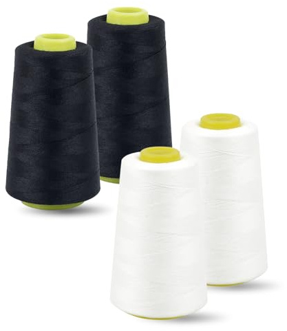 4 Rollen Nähgarn Polyester Overlockgarn, 2 Weiß und 2 Schwarz Nähmaschinengarn 40/2 Je 3000 Yard (2743 Meter) Insgesamt 12000 Yards Nähmaschinen Garn Reißfest Overlock Faden