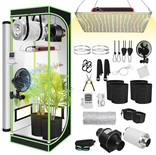 Daromigo odlingstält komplett set 60 x 60 x 140 cm med dimbar LED-odling, växttält, innehåller 10 cm aktivt kolfilter, lugn fläkt och rörfläkt, för hydroponik inomhusodling