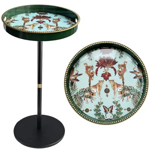 Simmer Stone Boho Round Side Table With Tray Top, Pedestal Drink Table for Small Spaces, Aesthetic Accent Nightstand for Living Room, Bedroom, Corners, and Office (Green Leopard)