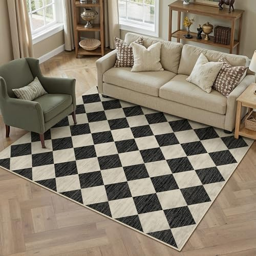 PureCozy mattor vardagsrumsmatta 120 x 170 cm svart sovrum stor rutig matta tvättbar halkfri vardagsrum kontor matsal mjuk låg lugg moderna geometriska mattor