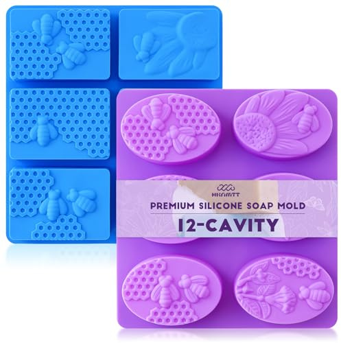 HKNMTT Silicone Bee Honeycomb Flower Oval Bar Molds, 6 Shapes 12 Cavities for Candy Soap Making Shower Steamer Homemade Bath Bomb Lotion Shampoo Bar Dessert DIY Set Non-stick Craft Food Grade 2 Pack