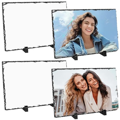 4 Pack Sublimation Slate Blanks, 30 x 20 cm Rock Photo Plaque Frame with Display Holder, Rectangular Heat Thermal Transfer Rock Slate for Desktop Souvenir DIY Personalized Gift