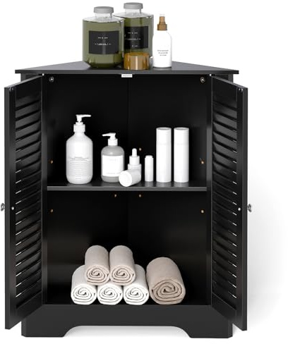 COSTWAY Armario Esquina de 3 Niveles 63 x 32 x 81,5 cm, Armario Rinconero Ahorra Espacio con 2 Puertas de Persiana y Estante Ajustable en Altura, Baño Vestíbulo Sala (Negro)