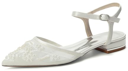 Yhsdfcn Bailarinas de Satén y Malla Slingback con Correa de Cristales, Zapatos de Novia Planos de Talón Abierto con Perlas, Punta Fina Elegante para Fiesta,Marfil,39 EU