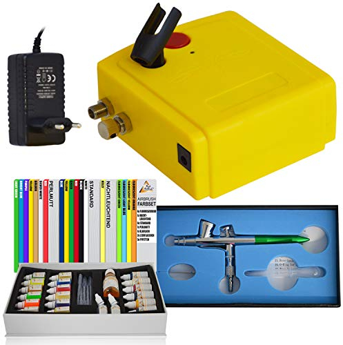 Airbrush Set Compresor Aerografía Compresor Set Completo: Mini aerógrafo aerógrafo Carry I, pistola de aerografía Double Action 207d con 0,3 mm aerógrafo aguja/boquilla y de 19 unidades de colores