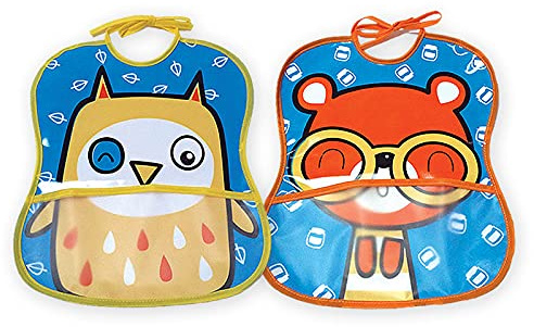 Ti Tin | Pack 2 Baberos con bolsillo | Cierre con cintas | 100% Vinilo | Diseños Divertidos | 25x30 cm | Baberos de vinilo fáciles de limpiar y con bolsillos