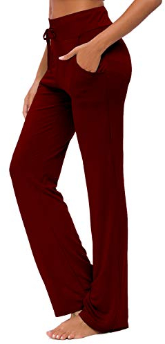 OURCAN Damen Yoga Hose Mit Taschen Breites Bein Kordelzug Lose Gerade Lounge Laufen Workout Modale Hose Aktive Freizeit Jogginghose (Rotwein, XL)