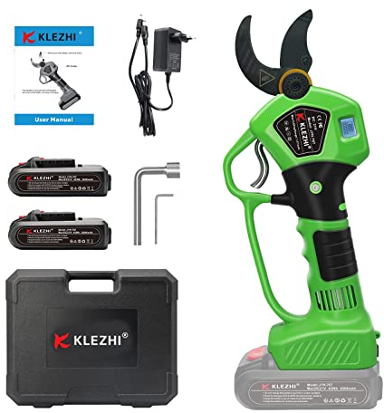 K KLEZHI 40 mm Battery Lopper with LED & Hand Protection, Cordless Electric Pruning Shears with DLC Coating, 2 x 2 Ah Lithium Rechargeable Battery, 21 V Vine Shears, Tree Shears, 6-8 Working Hours