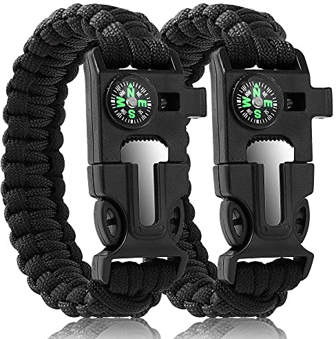 Oadnfa Paracord Bracelets,Survival Bracelets for Men Paracord Tactical 5-in-1 Camping Gear Kits,with 12-ft Detachable Rope,Fire Starter,Embedded Compass,Whistle&Emergency Multitools(Black&Black)
