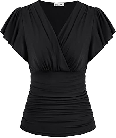 GRACE KARIN Donne Elegante T-Shirt Manica Corta Scollo a V Tinta Unita Slim Fit Plissettatura Parte Superiore Tunica Bluse