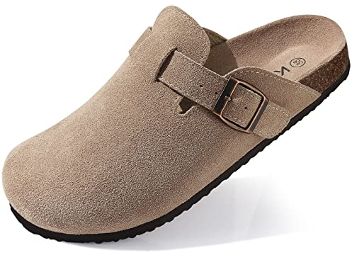 KIDMI Genuine Suede Clogs for Women Cork Footbed Sandals Leather Mules Potato Shoes with Arch Support Taupe 36 (Size 3.5-4)