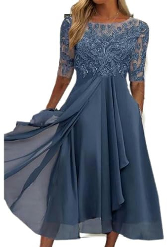 Vestido de Noche de Dama de Honor de Primavera y Verano Europeo y Americano Vestido de Gasa Hueco de Manga Media con Encaje-No. 2 Colores Azul-M