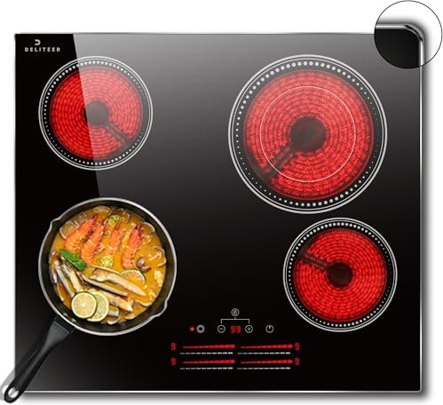 DELITEER Plaque Vitrocéramique 4 Feux avec Cadre, Table de Cuisson électrique 60CM Encastrable, 6600W, Contrôle Tactile Individuel, Double Chauffage, Bord Inox, Sans Prise, 240V