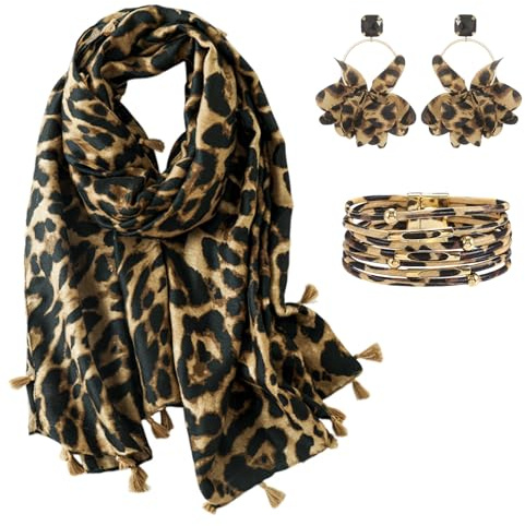 KRUIHAN Écharpe & Foulard Imprimé Léopard Marron pour Femme, Coffret Cadeau 3 PCS avec Boucles d'Oreilles et Bracelet, Idéal pour l'Automne-Hiver, Anniversaire, Noël, Fête et Quotidien