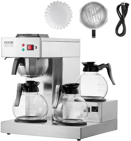 VEVOR Cafetera de Goteo Comercial Máquina de Café con 3 Jarras de Vidrio y 3 Placas Calentadoras Cafetera de Acero Inoxidable con Entrada Automática de Agua para Restaurante, Oficina, Cafetería