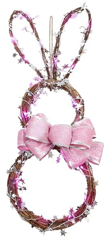 CYIOU Ghirlanda Pasquale LED Vimini Corona Pasquale a Forma di Coniglio Ghirlanda di Coniglio in Rattan con Fiocco Intrecciato Illuminata LED Pasqua Ghirlanda Coniglio Porta DIY Addobbi Festa