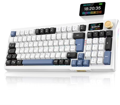 RedThunder K95 Kabellose Mechanische Gaming Tastatur mit 1,88” Display & Knopf, QWERTZ 96 Tasten, Gasket, BT/USB-C/2,4GHz, Software, Hot-swap, Linear-Pink-Schalter, RGB, 8000mAh (Blau-Weiß)