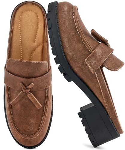 Ablanczoom Mules for Women Backless Closed Toe Loafers Slip On Platform Chunky Heel Tassel Work Shoes for Office Business Casual Brown