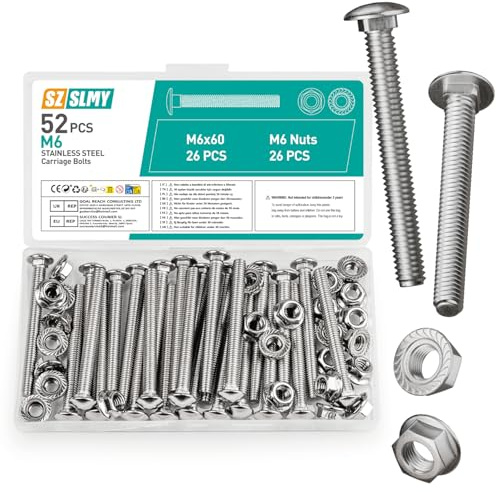52 Pcs M6 Coach Bolts, M6 x 60mm Cup Square Carriage Bolts and Nuts Set, Stainless Steel Coach Screws with Hexagon Flange Nuts (52, M6*60mm)
