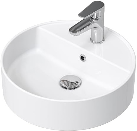 HOROW Countertop Washbasin Bathroom Round Wash Bowl Guest Toilet Hand Wash Basin 42 cm with Overflow White Ceramic Countertop Sink with Tap Hole Modern Design